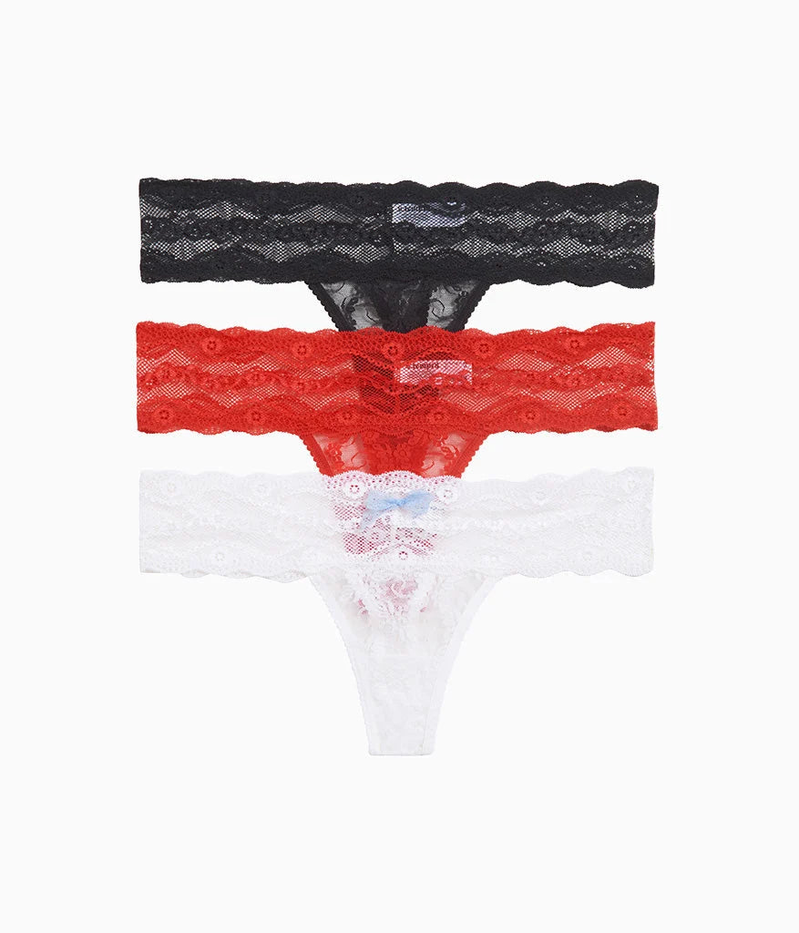 Lace Kiss Thong Panty Pack: White/Crimson Red/Night